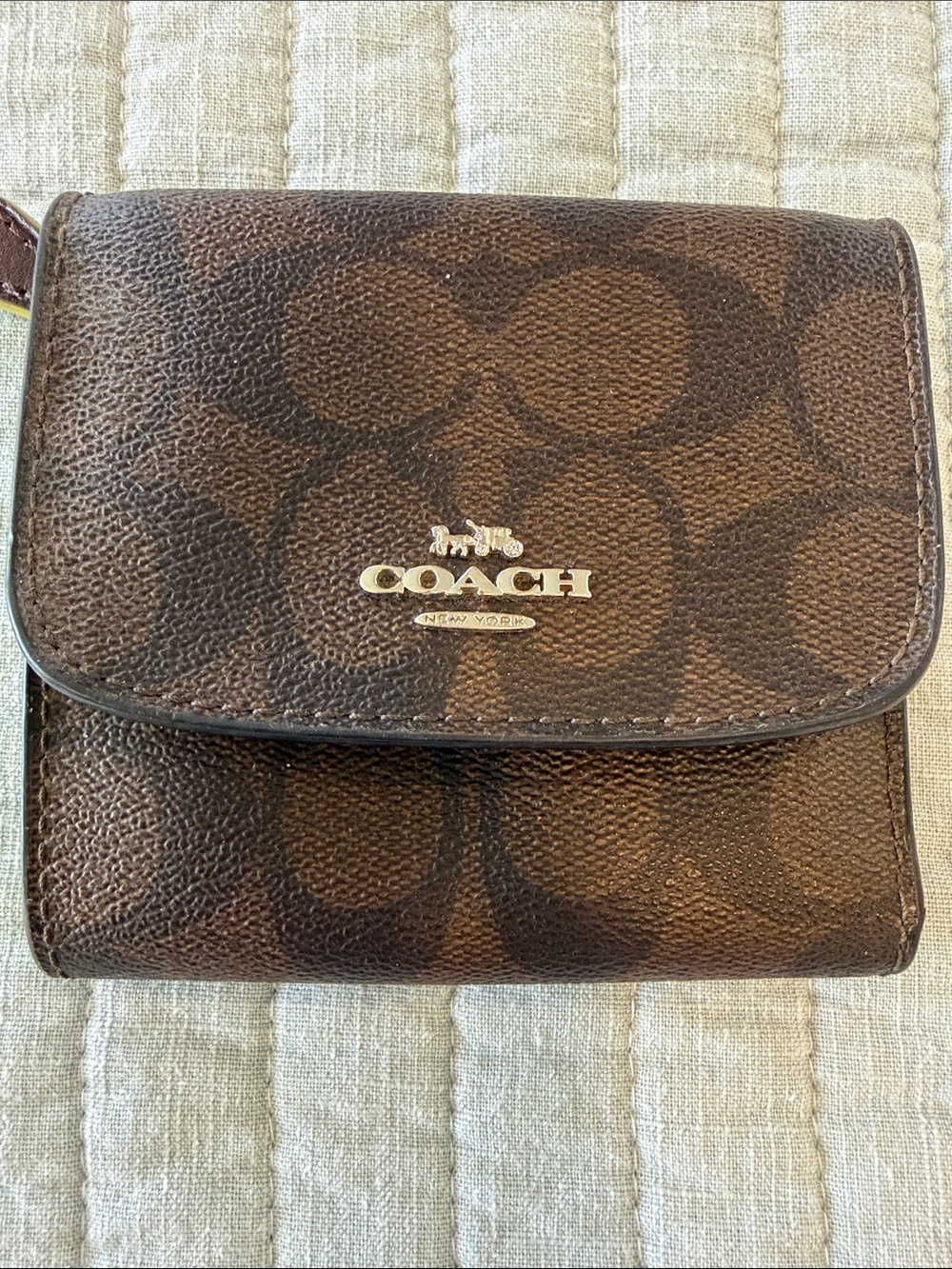 Coach Brown Signature Compact Wallet with Gold Logo